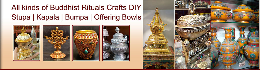 Tibetan buddhist rituals crafts, essential buddhist ritual items for sale, Buddha stupa crafts, Conch Shell, bumpa, kapala, offering bowls, Tingsha, Prayer Wheels, Prayer Beads Mala, Prayer Flags, Cymbals or Tingsha, Tibetan Ghau